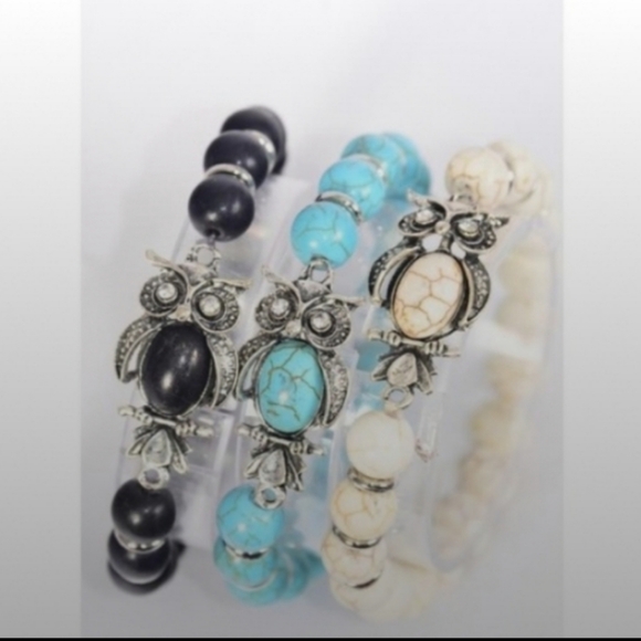 Owl Bracelet White Beaded 10 mm Semiprecious Stone Adjustable NEW - Picture 2 of 7